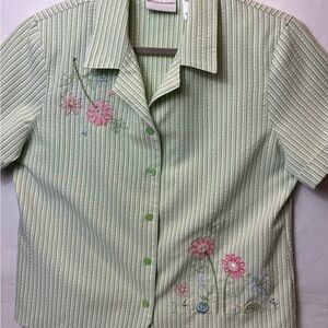 Alfred Dunner Green Striped Kids Shirt with Floral Embroidery